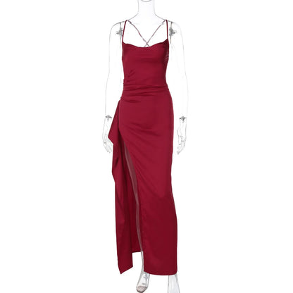 Satin Dresses - Elegant Wedding Guest Satin Maxi Dress with High Slit & Lace-Up