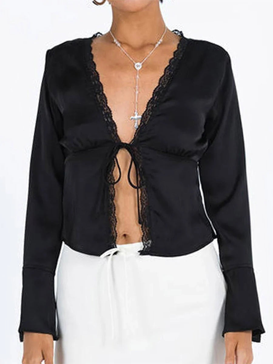 Satin Tops- Women's Lace Trimmed Satin Blouse with Tie-Up Neck- - Pekosa Women Fashion