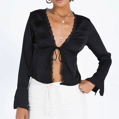 Satin Tops- Women's Lace Trimmed Satin Blouse with Tie-Up Neck- - Pekosa Women Fashion