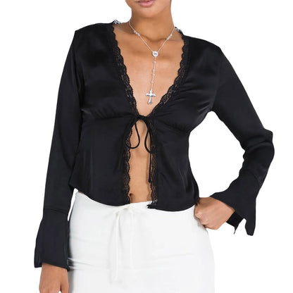 Satin Tops- Women's Lace Trimmed Satin Blouse with Tie-Up Neck- Black- Pekosa Women Fashion