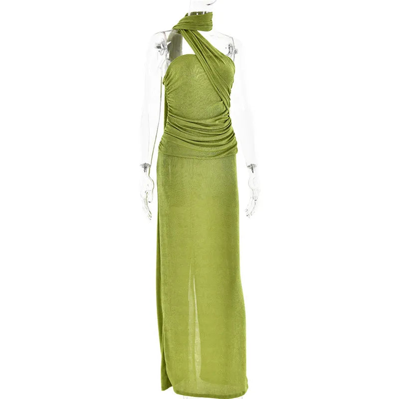 Evening Gown - Backless Halter Ruched Maxi Dress for Evening Parties