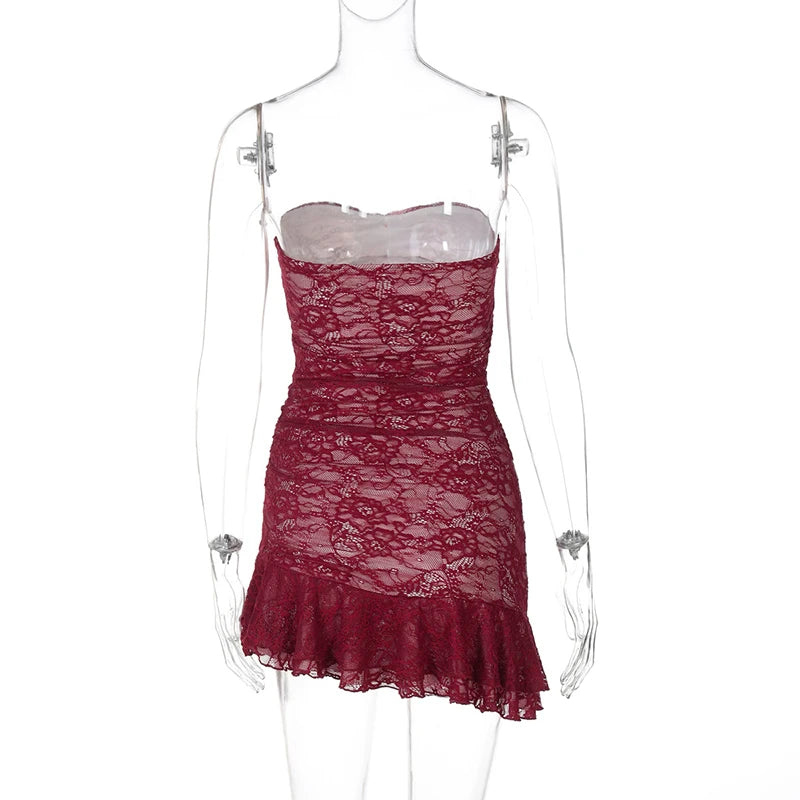 Tube Dresses - Strapless Lace Red Tube Mini Dress for Club Nights