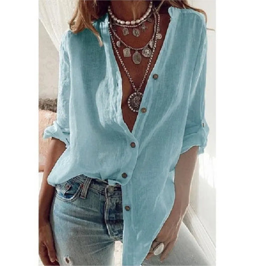 Shirts - Fashion New Style Solid Color Foldable Sleeves Loose V-neck Long sleeved Casual Top for Women