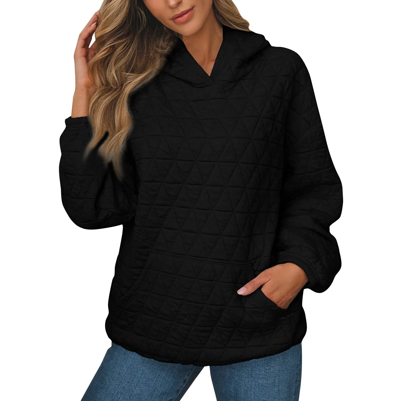 Women Sweatshirts & Hoodies - Sweatshirt Quilted Hoodie Kangaroo Pouch