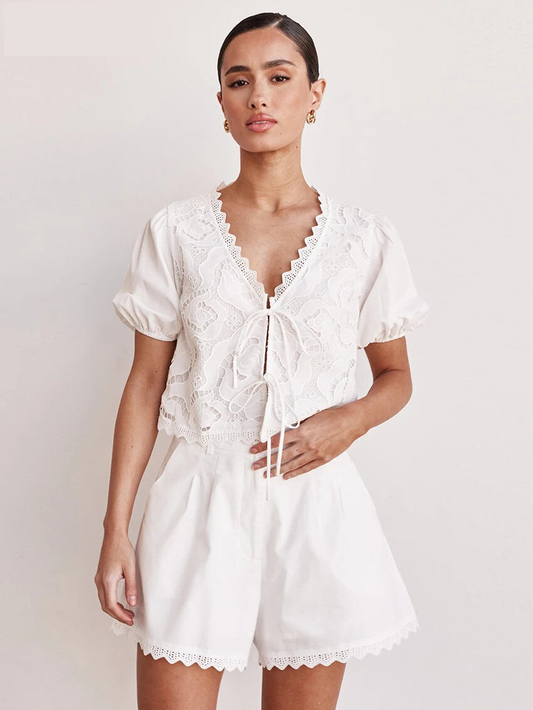 Matching Sets - Sexy Loose White Cotton 2 Piece Sets Women Outfit 2025 Summer Short Sleeve Shirt With High Waist Shorts Set Streetwear