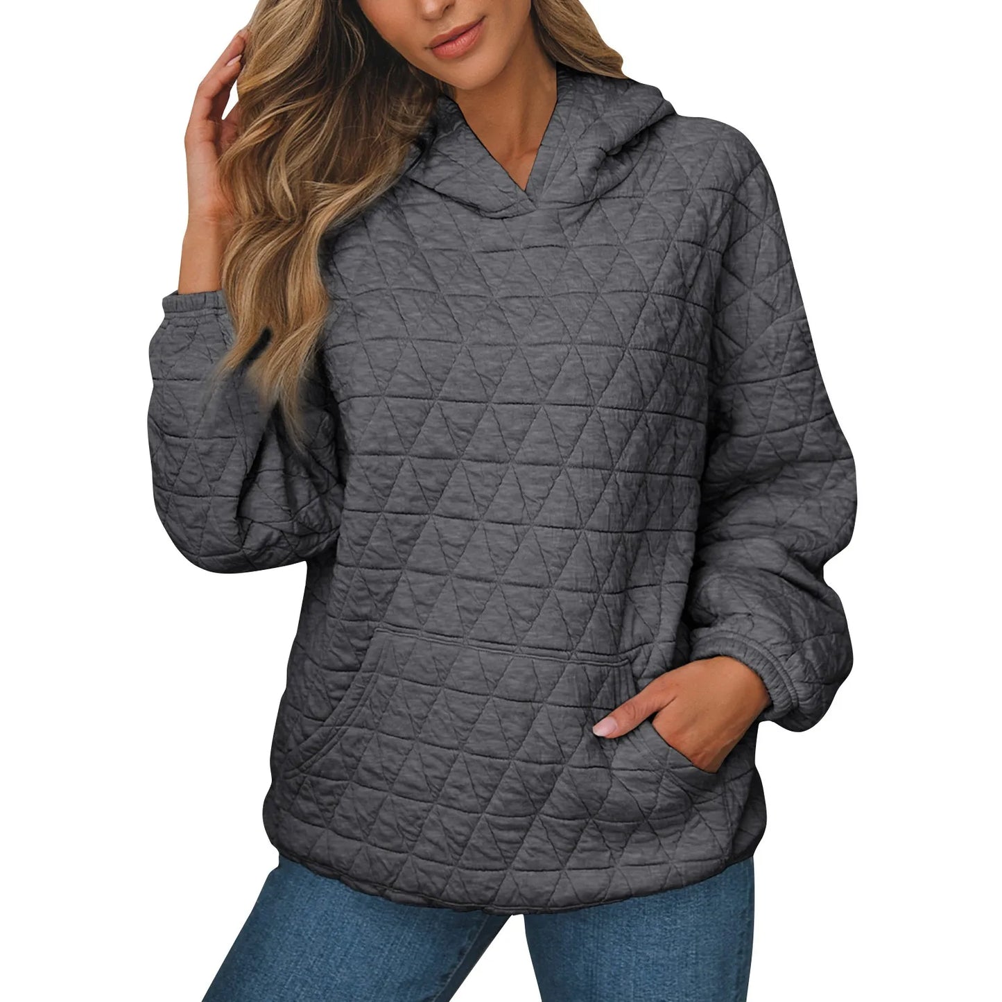 Women Sweatshirts & Hoodies - Sweatshirt Quilted Hoodie Kangaroo Pouch