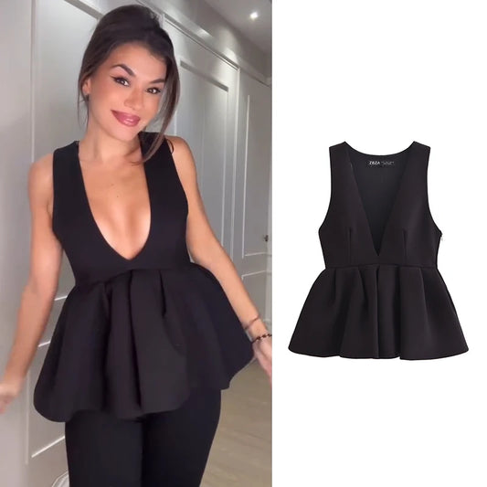 Peplum Tops - Elegant Women's Tops Tank Autumn 2024 Chic V-neck Party Tank Tops Women's Street Fashion Youth Joker Tops