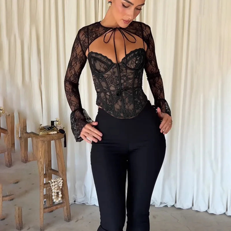 Sheer Tops - Sheer Lace Top with Flare Sleeves – Date Night Ready 💫