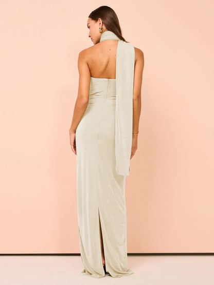 Evening Gown - Backless Halter Ruched Maxi Dress for Evening Parties