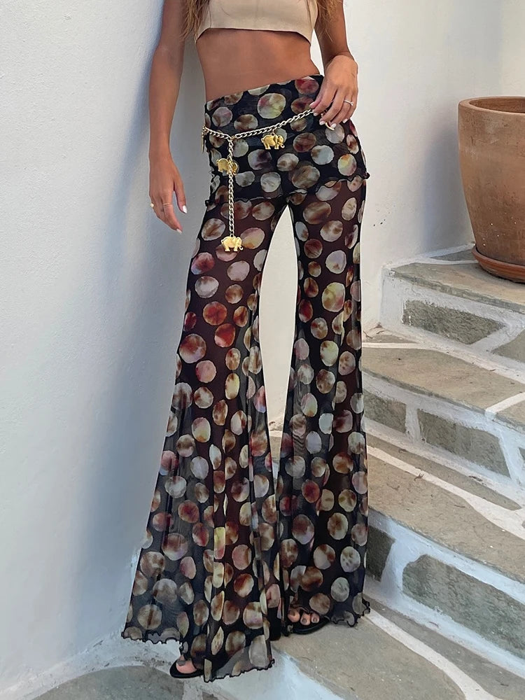 Flared Pants - Mesh Leopard Print Trousers Woman Fashion High Waist Print Wide Leg Pants Female Elegant Printed Long Pants Bottoms