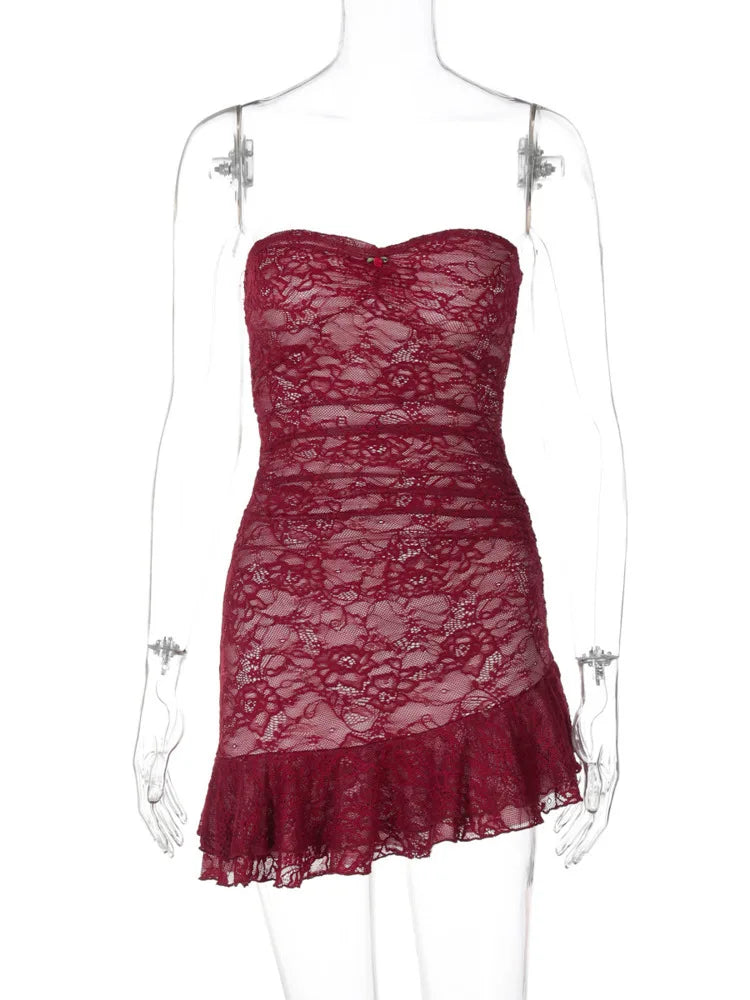 Tube Dresses - Strapless Lace Red Tube Mini Dress for Club Nights