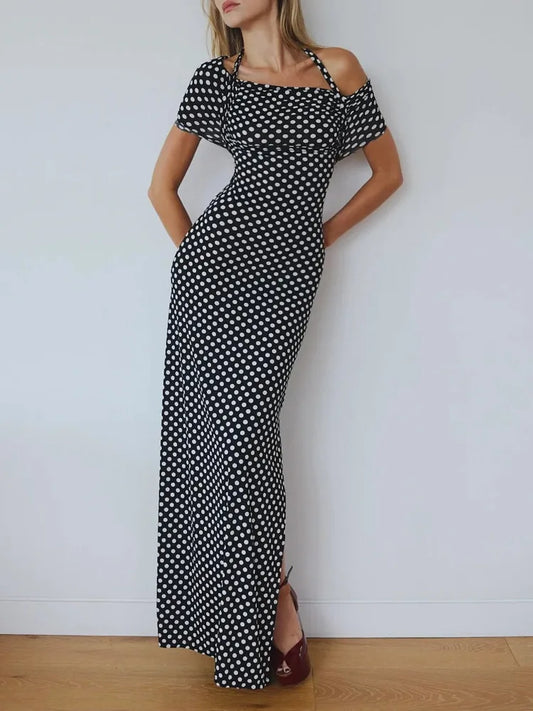 Halter Dresses - Off-shoulder Polka Dot Maxi Dress For Women Gown Fashion Halter Sleeveless Backless bodycon Split Long Dress Elegant