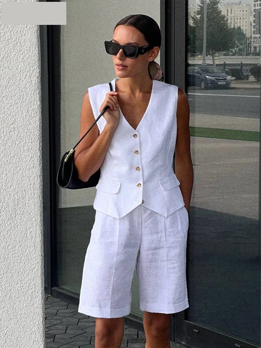 Shorts Sets - Summer Slim White Linen Office 2 Piece Sets Women Outfit Fashion Sleeveless Tank Top With High Waist Shorts Set Female