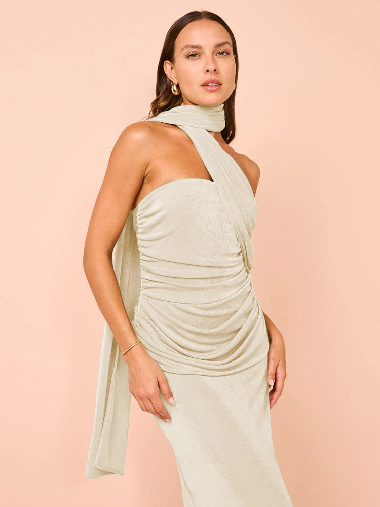 Evening Gown - Backless Halter Ruched Maxi Dress for Evening Parties