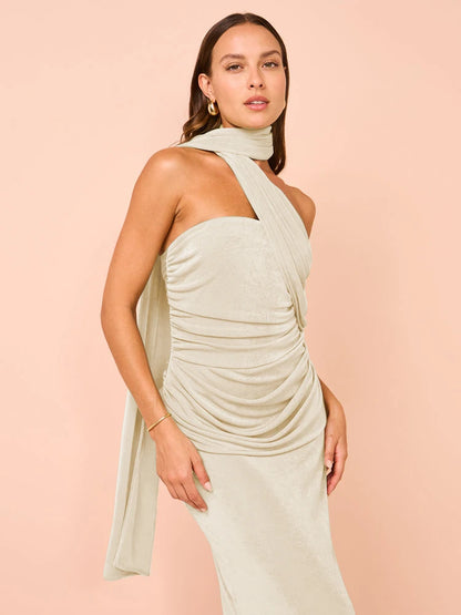 Evening Gown - Backless Halter Ruched Maxi Dress for Evening Parties