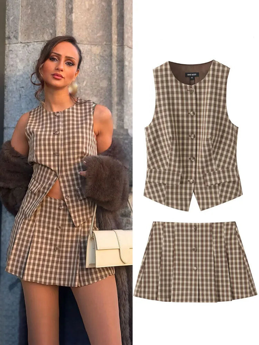 Skirts set - TRAFZA Women 2 Piece Set Elegant Plaid O-Neck Single Breasted Pocket Decorate Vest Top+Chic Zipper Pleated Slim Mini Culottes