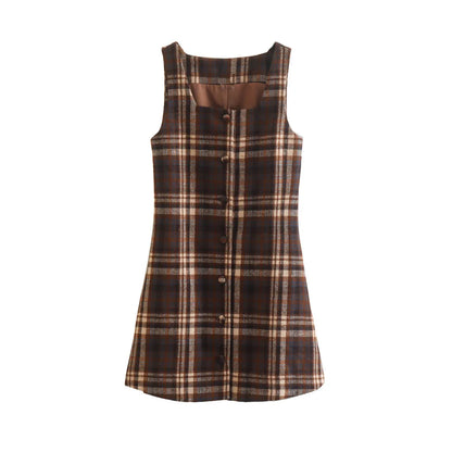 Mini Dresses - Tan Plaid Button-Up Mini Dress with Adjustable Tie-Waist