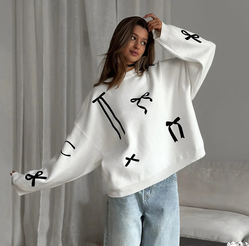 Pullovers - White Bow Printing O-Neck Sweater Winter 2024 Long Sleeves Oversize Pullover Tops Office Ladies Print Sweater Solid