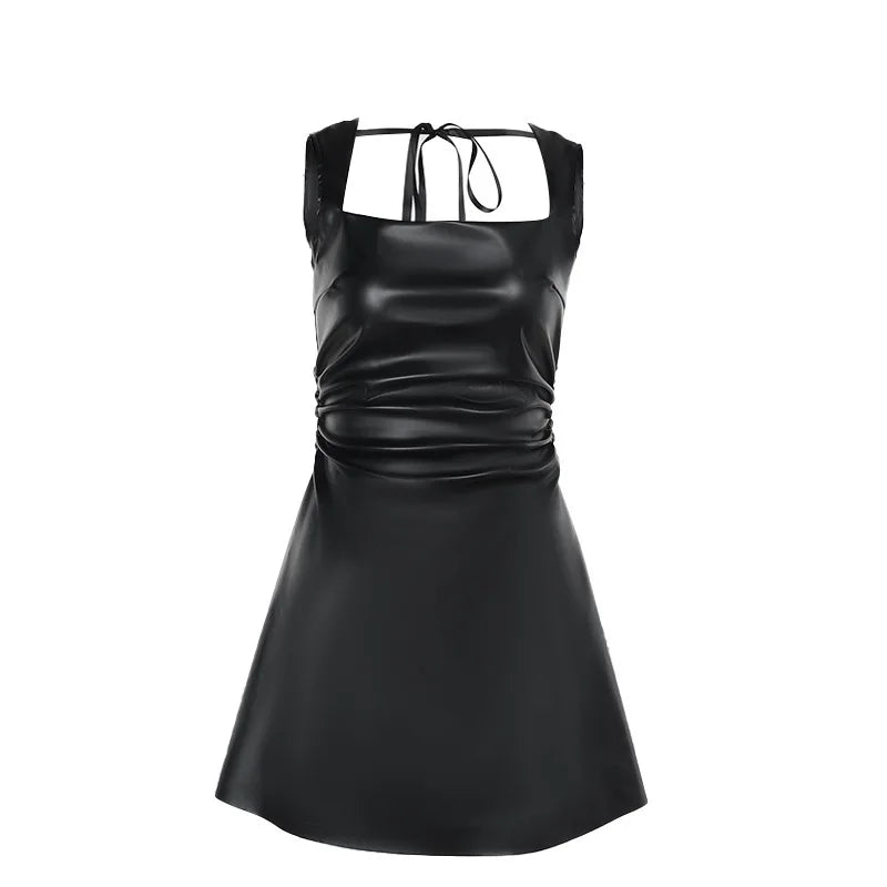 Faux Leather Mini Dresses - High-Waisted Black Leather Party Dress