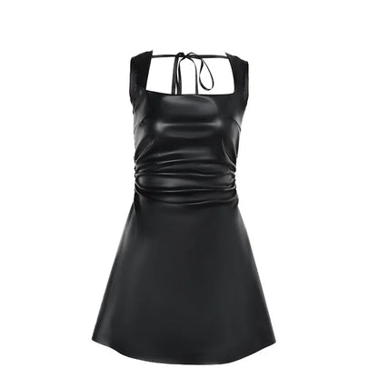 Faux Leather Mini Dresses - High-Waisted Black Leather Party Dress