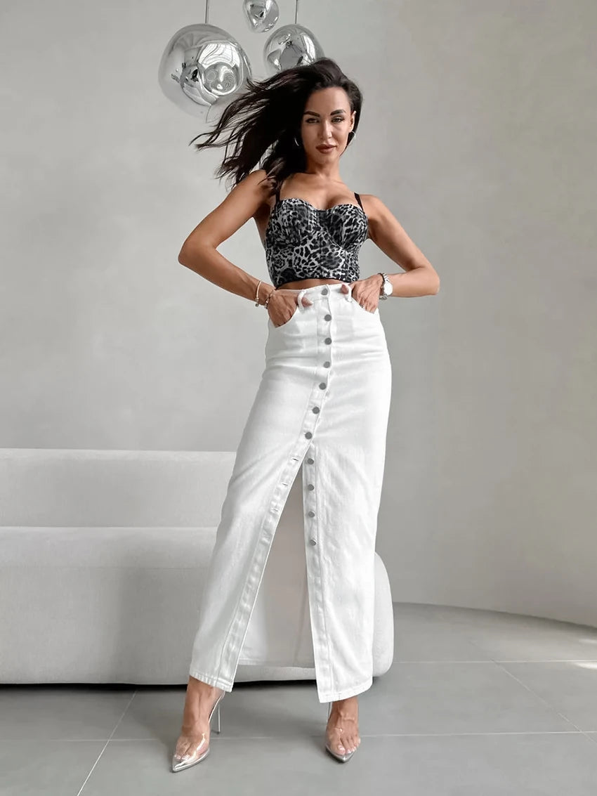 Maxi Skirts - White Elegant Cotton Skirts Women's Autumn 2024 High Waist Button Midi Skirts Office Straight Skirts Ladies Winter