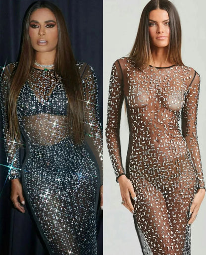 See-through Maxi Dresses - Glitter Diamond Sheath See-through Maxi Dress – For Red Carpet Looks 👗