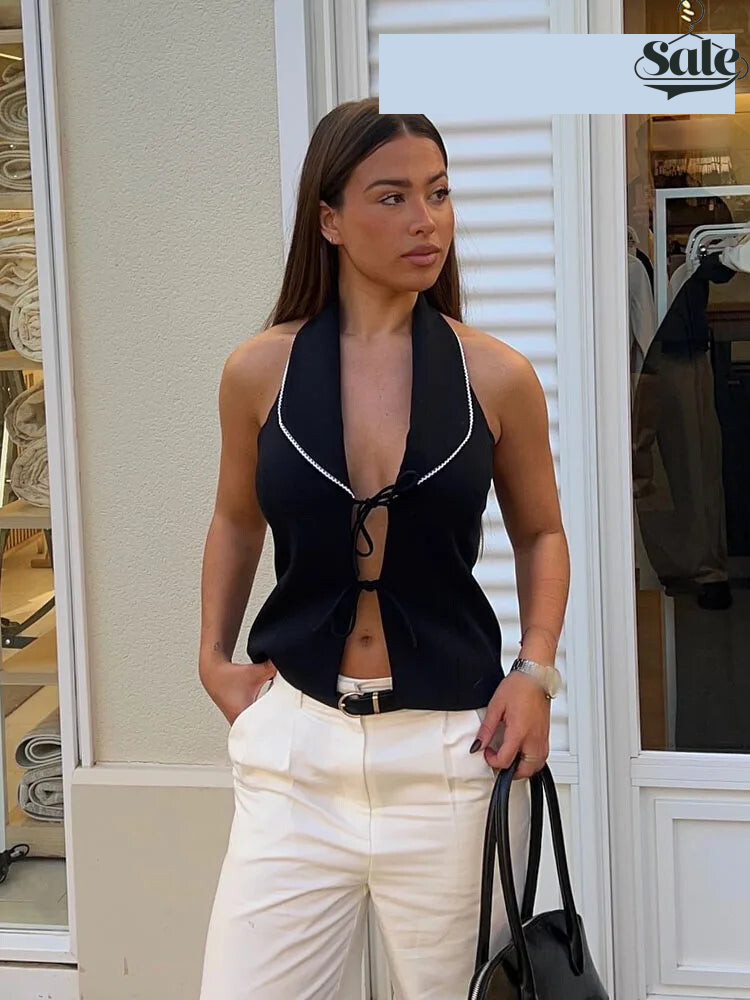 Blouses - Female Summer Street Style Tank Tops Navy Blue Turn-Down Collar Sleeveless Backless Bow Lace Up Women Fashion Vests Top