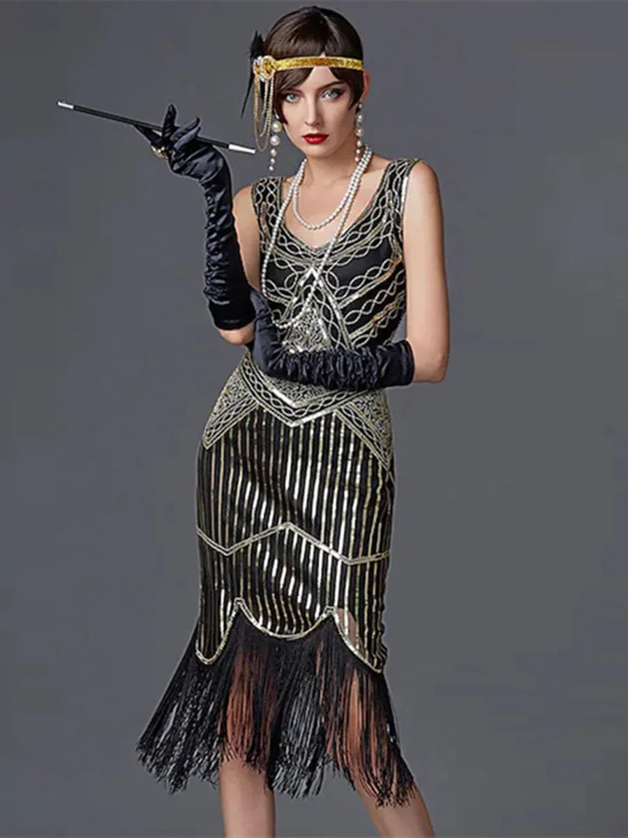 Sequin Dresses- 1920s Flapper Dress Great Gatsby Dress Black Sequin Party Dress