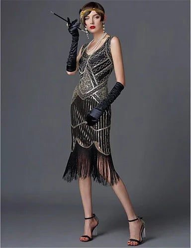 Sequin Dresses- 1920s Flapper Dress Great Gatsby Dress Black Sequin Party Dress