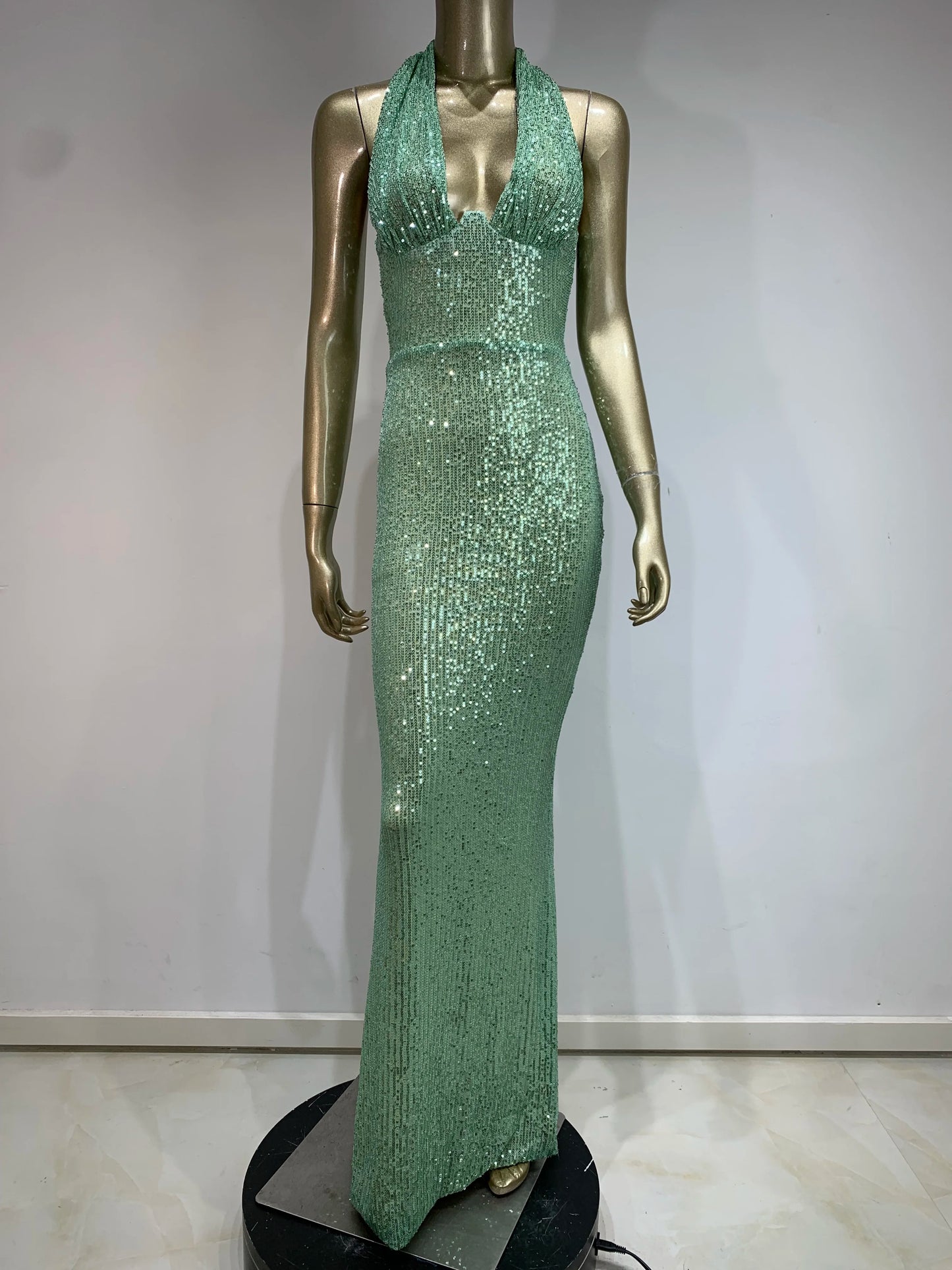 Sequin Maxi Dresses - Elegant Sequined Plunging Neck Maxi Dress - Shine at Social Events