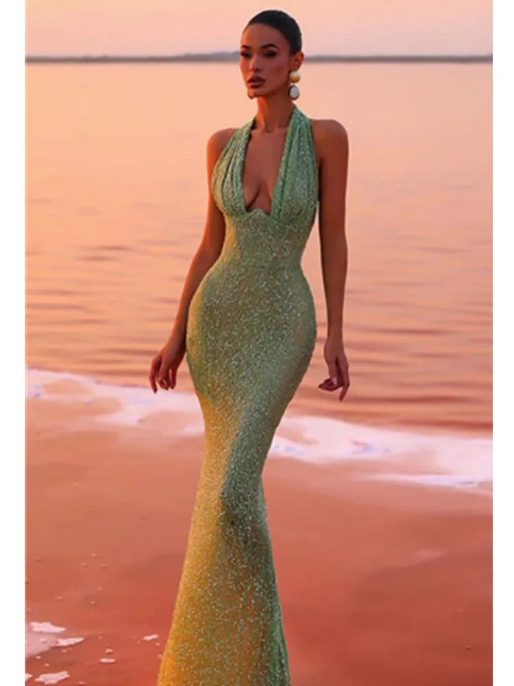 Sequin Maxi Dresses - Elegant Sequined Plunging Neck Maxi Dress - Shine at Social Events