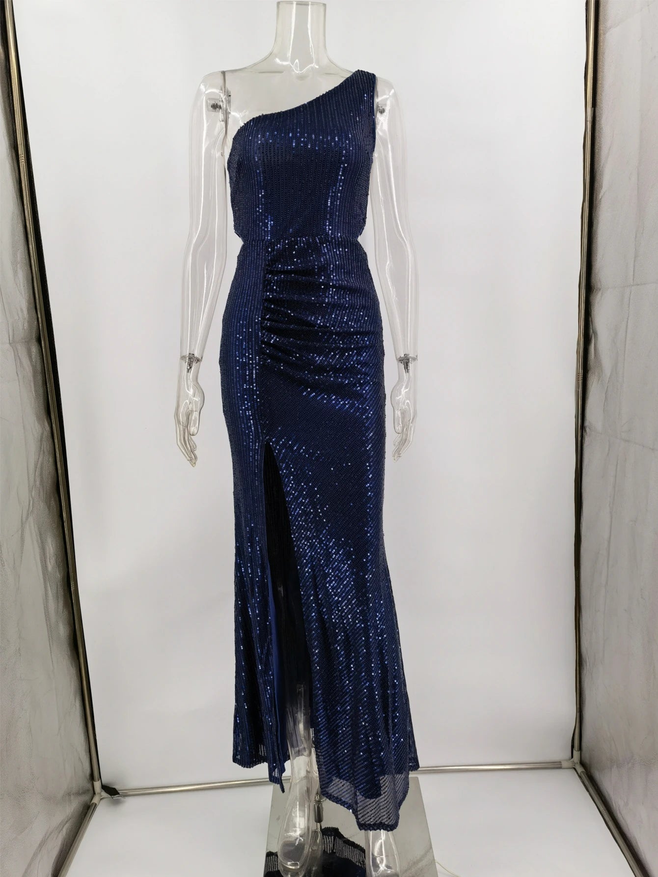 Sequin Maxi Dresses - Navy One-Shoulder Sequin Maxi Dress