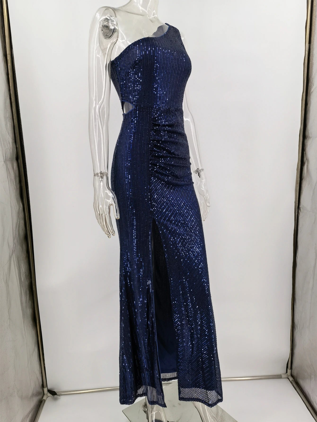 Sequin Maxi Dresses - Navy One-Shoulder Sequin Maxi Dress