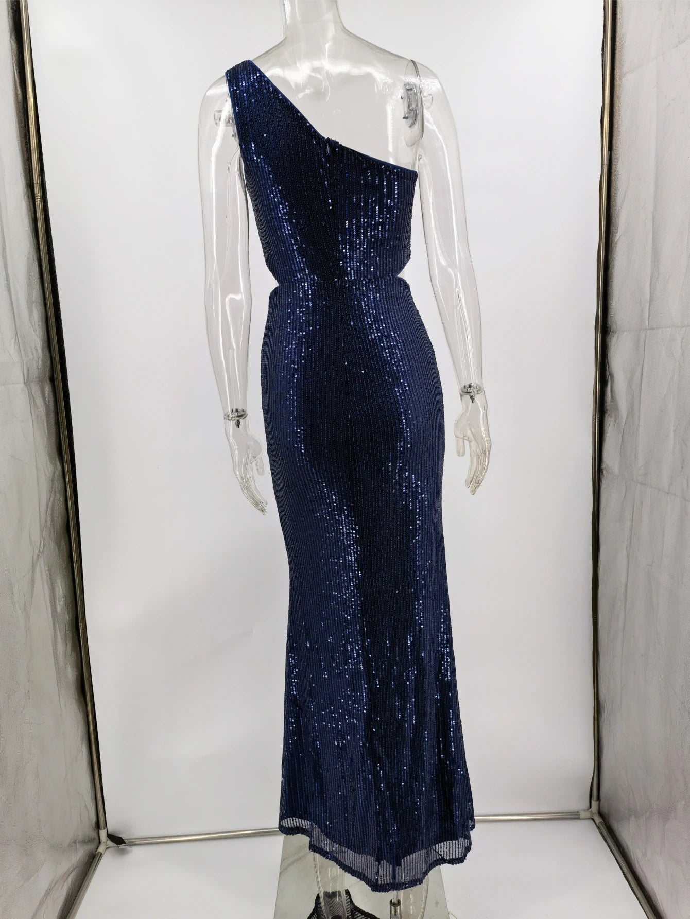 Sequin Maxi Dresses - Navy One-Shoulder Sequin Maxi Dress