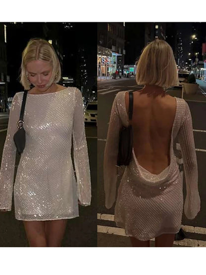 Sequin Mini Dress - Mesh Sequin Mini Dress Elegant Backless Cowl for Clubbing