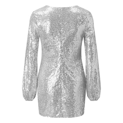 Sequin Mini Dress- Sequin Lantern Sleeve Mini Dress - Event Ready