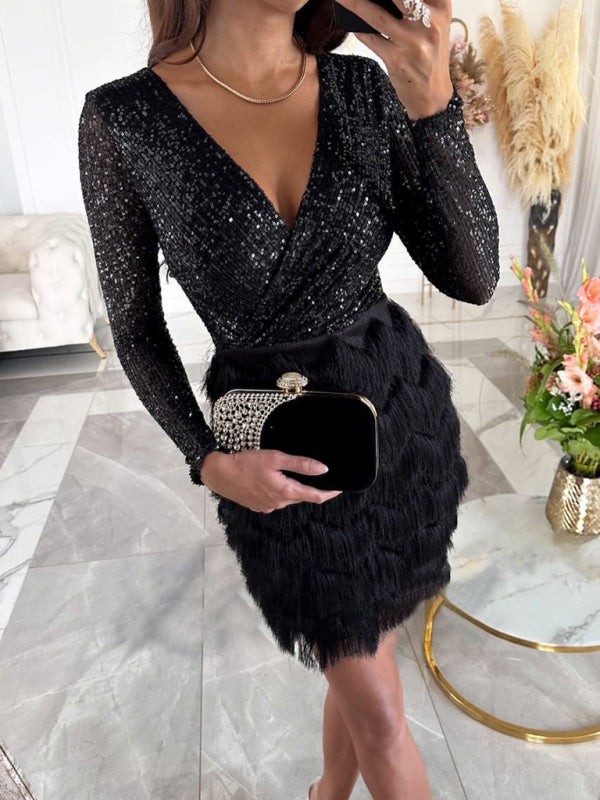 Sequined Dresses - Sparkling Surplice Mini Dress for Cocktail Parties