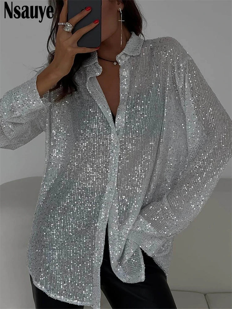 Sequined Tops - Midnight Shimmer Sheer Top