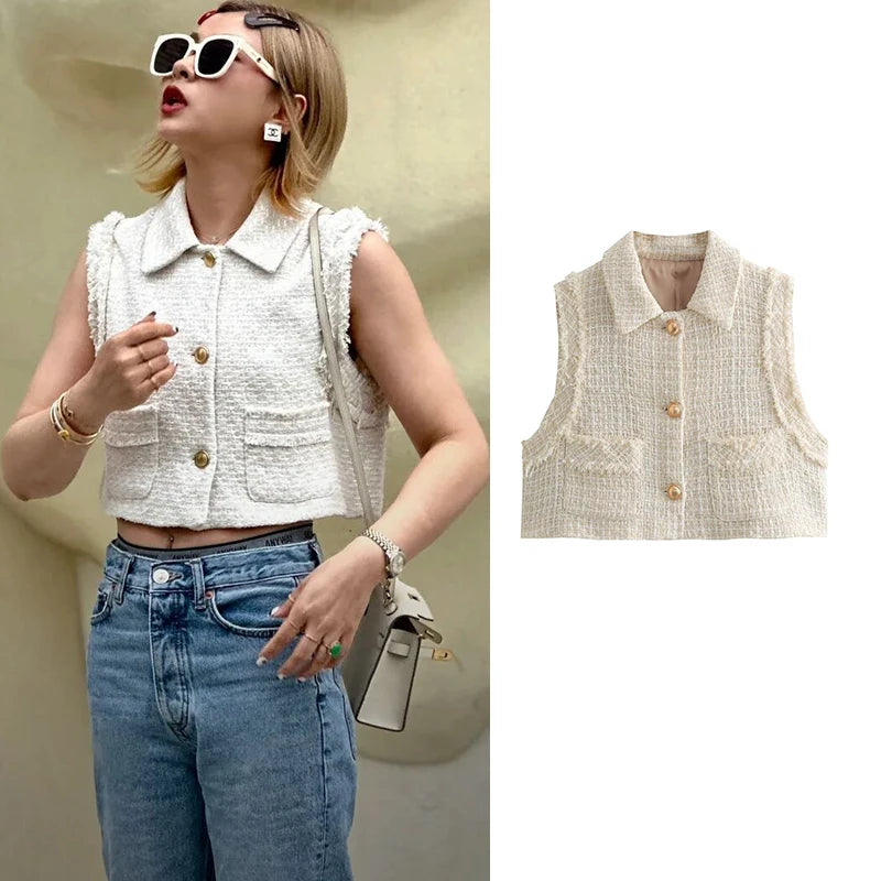 Vests - TRAF Spring Summer Vest Jacket Women's 2024 New Fashion Straight Short Elegant Women's Coat Chic Street Youth Coat