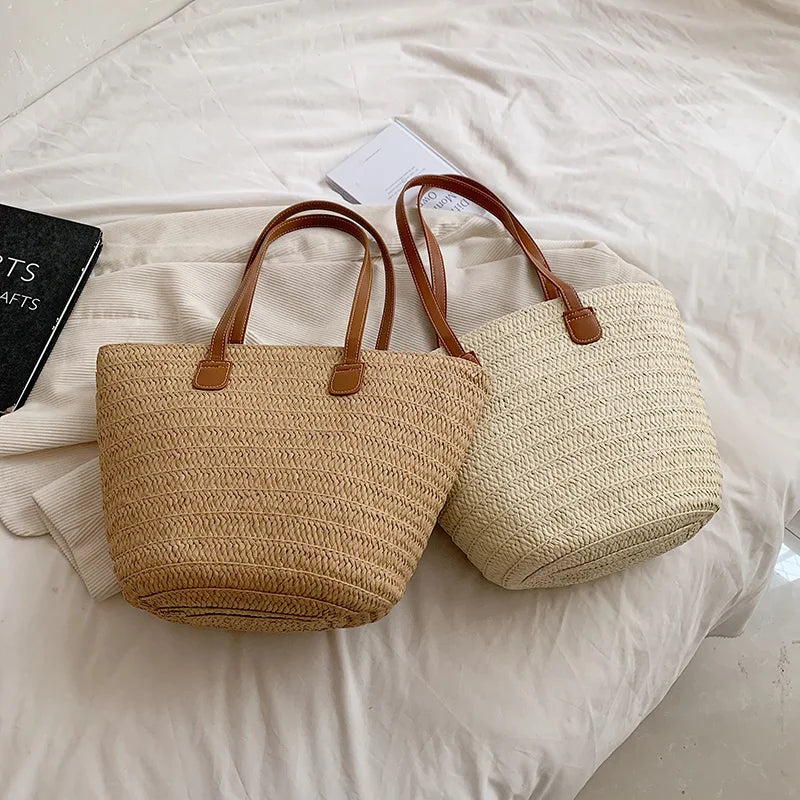 Handbags- Women's Essential Straw Beach Bag- - Pekosa Women Fashion