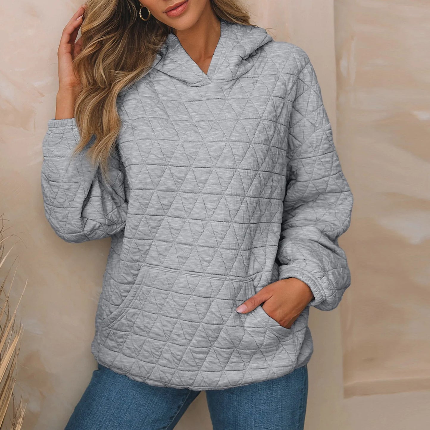 Women Sweatshirts & Hoodies - Sweatshirt Quilted Hoodie Kangaroo Pouch