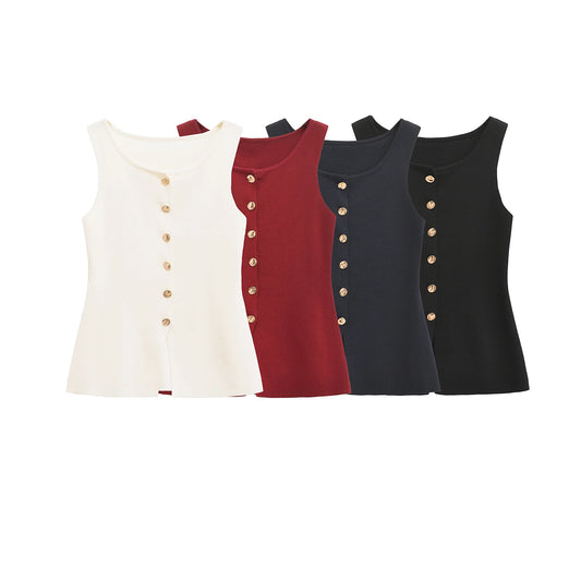 Knit Tops - Gold Button Women's Knitted Vest O-Neck Sleeveless Sweater Chic Fashion Top Women's Vest