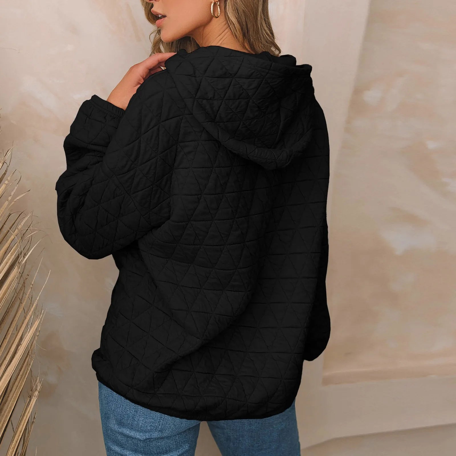 Women Sweatshirts & Hoodies - Sweatshirt Quilted Hoodie Kangaroo Pouch