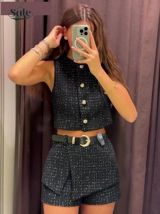 Matching Sets - Elegant Tweed Shorts Sets Women Slim Single Breasted O-neck Vests High Waist Short Pants With Belt 2025 Spring Chic Lady Outfits