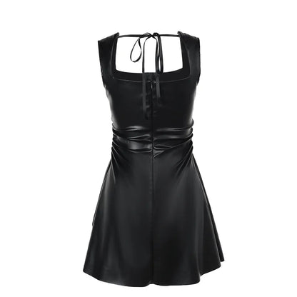 Faux Leather Mini Dresses - High-Waisted Black Leather Party Dress