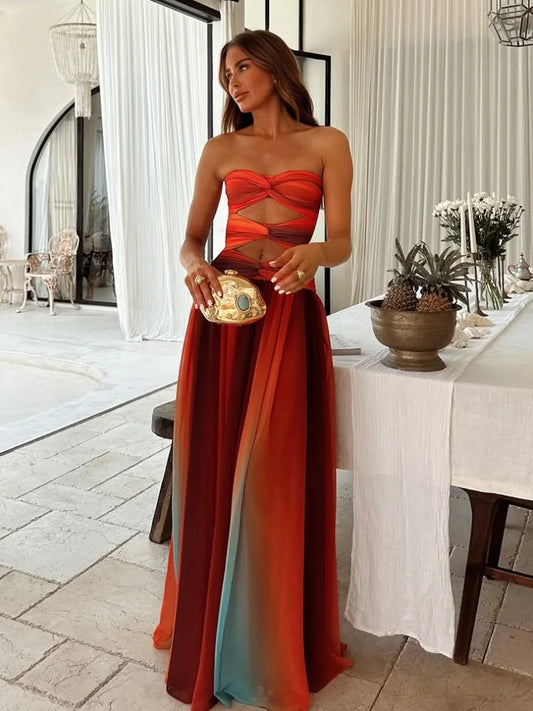 Elegant Dresses - Tie-dye Gradient Hollow Out Women's Maxi Dress Elegant Off Shoulder A-line Hem Long Dresses New Summer 2025 Holiday Female Robes