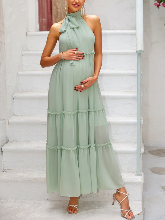 Maternity Dresses - Chiffon Solid Halter Maternity Dress For Women Sleeveless Loose Photography Props Dresses Casual Ruffle Pregnant Dress