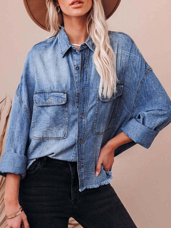 Shackets - Trendy Distressed Denim Shacket with Frayed Details