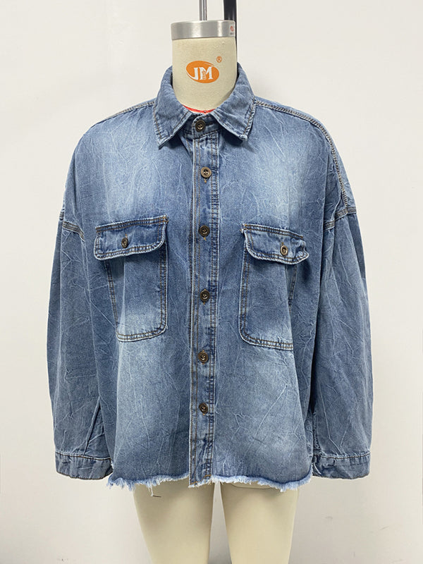 Shackets - Trendy Distressed Denim Shacket with Frayed Details