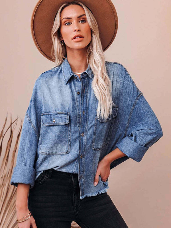 Shackets - Trendy Distressed Denim Shacket with Frayed Details